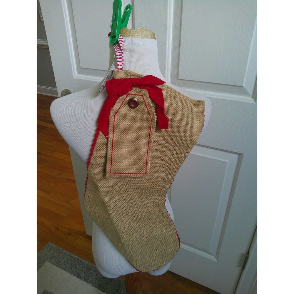 NWT Set of 6 Mud Pie Burlap Christmas Stocking Red  Bow, Ric Rac Edging Trim